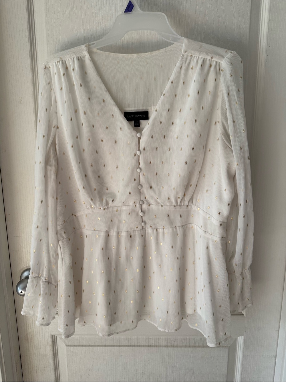 Lane Bryant White Blouse with Gold Dot Accents
